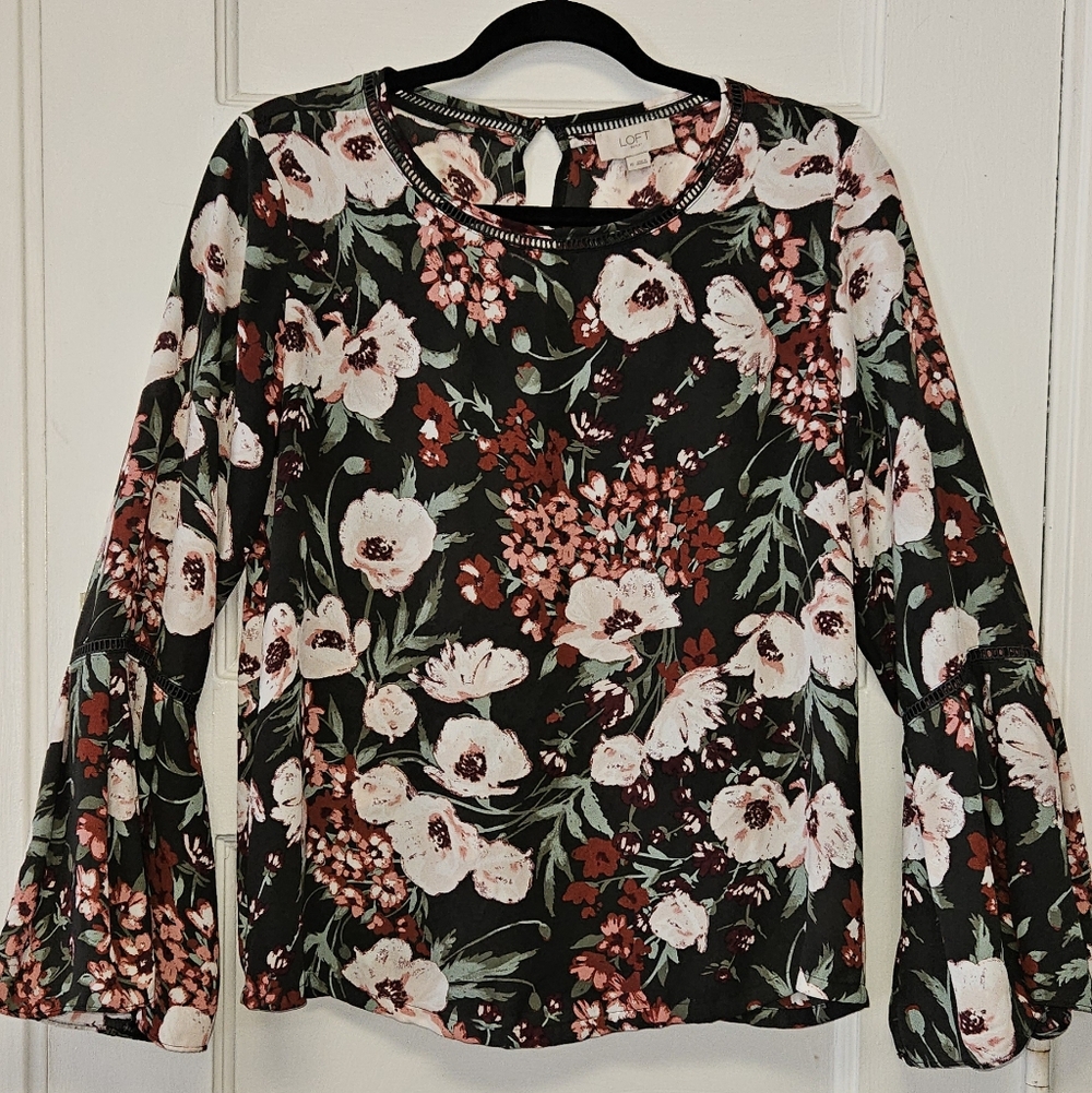 LOFT Black Floral Blouse Bell Sleeves Size XS